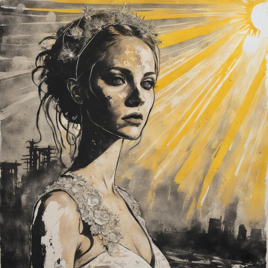 Solar Punk Bride with Sun Rays in Monoprint Style