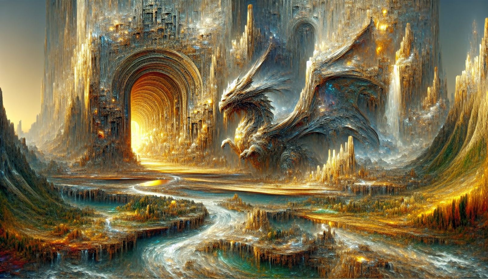 Giant Dragon Portal in Multi-Level Fantasy Kingdom