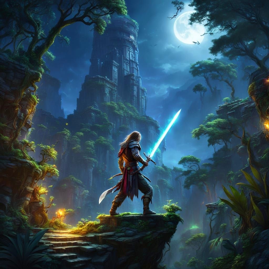 Mysterious Warrior with Glowing Sword on Cliff