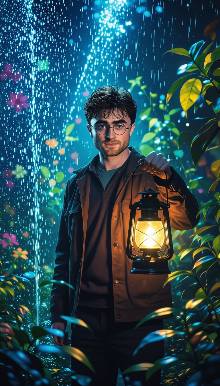 Man with Lantern in Enchanted Garden, Graffiti Art Style