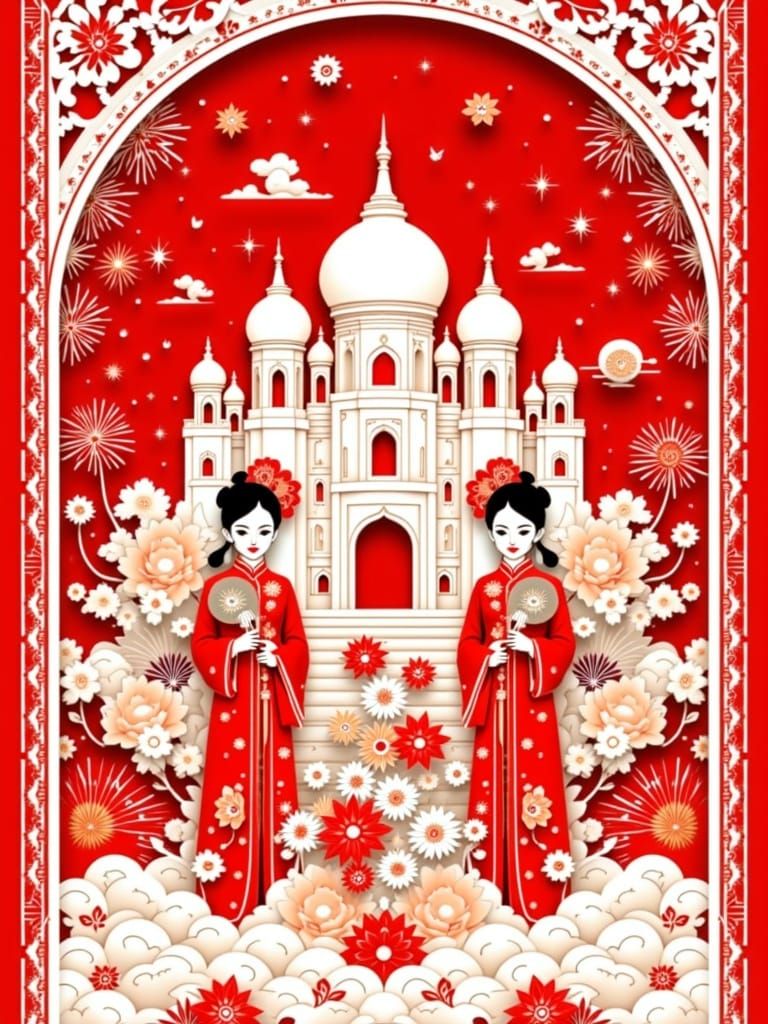 Symmetrical Chinese Paper-Cut Art Depicting Grand Cathedral ...