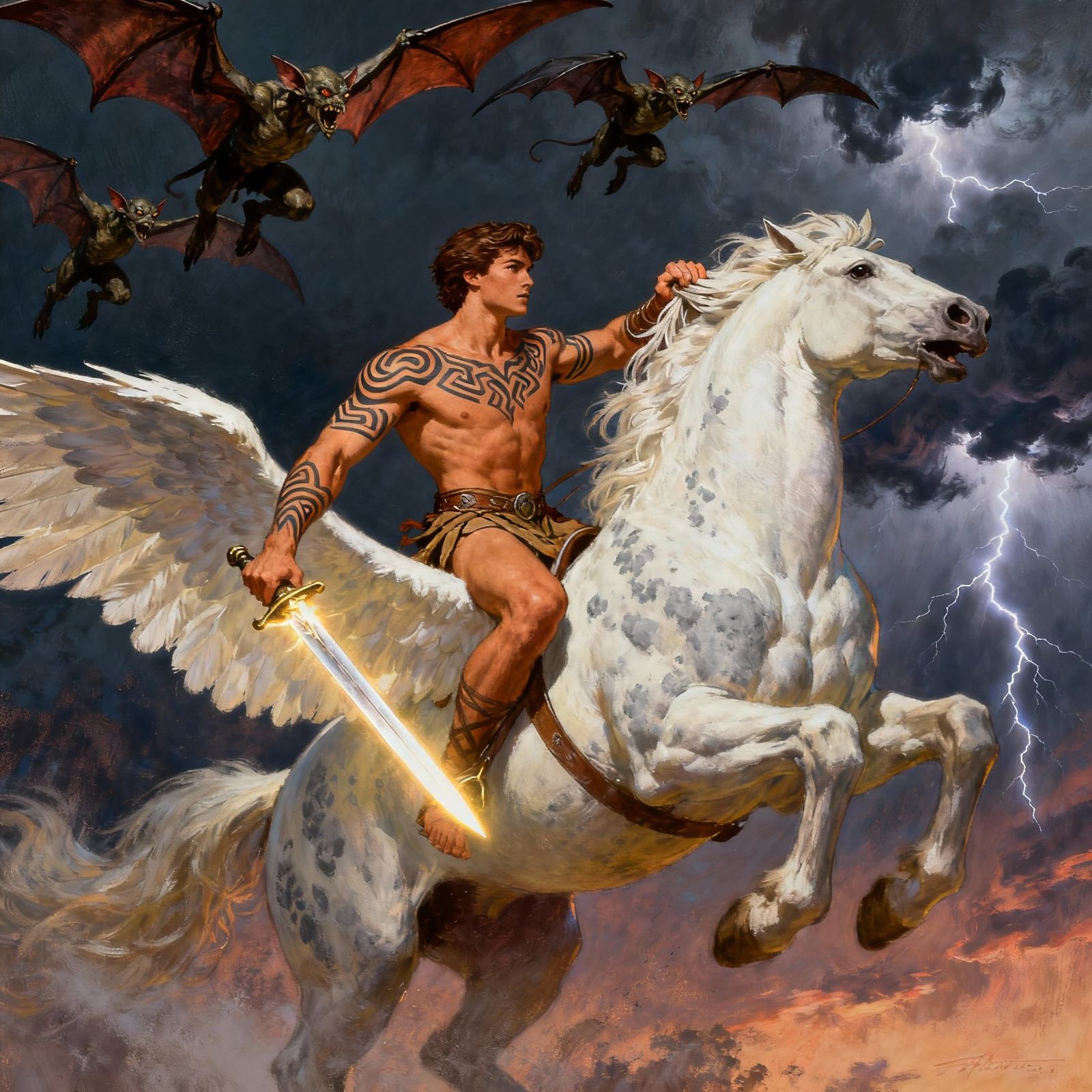 Fantasy Warrior Riding Pegasus in Stormy Skies