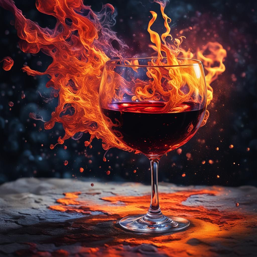 Fiery Wine Glass: Hyperrealistic Splash Art