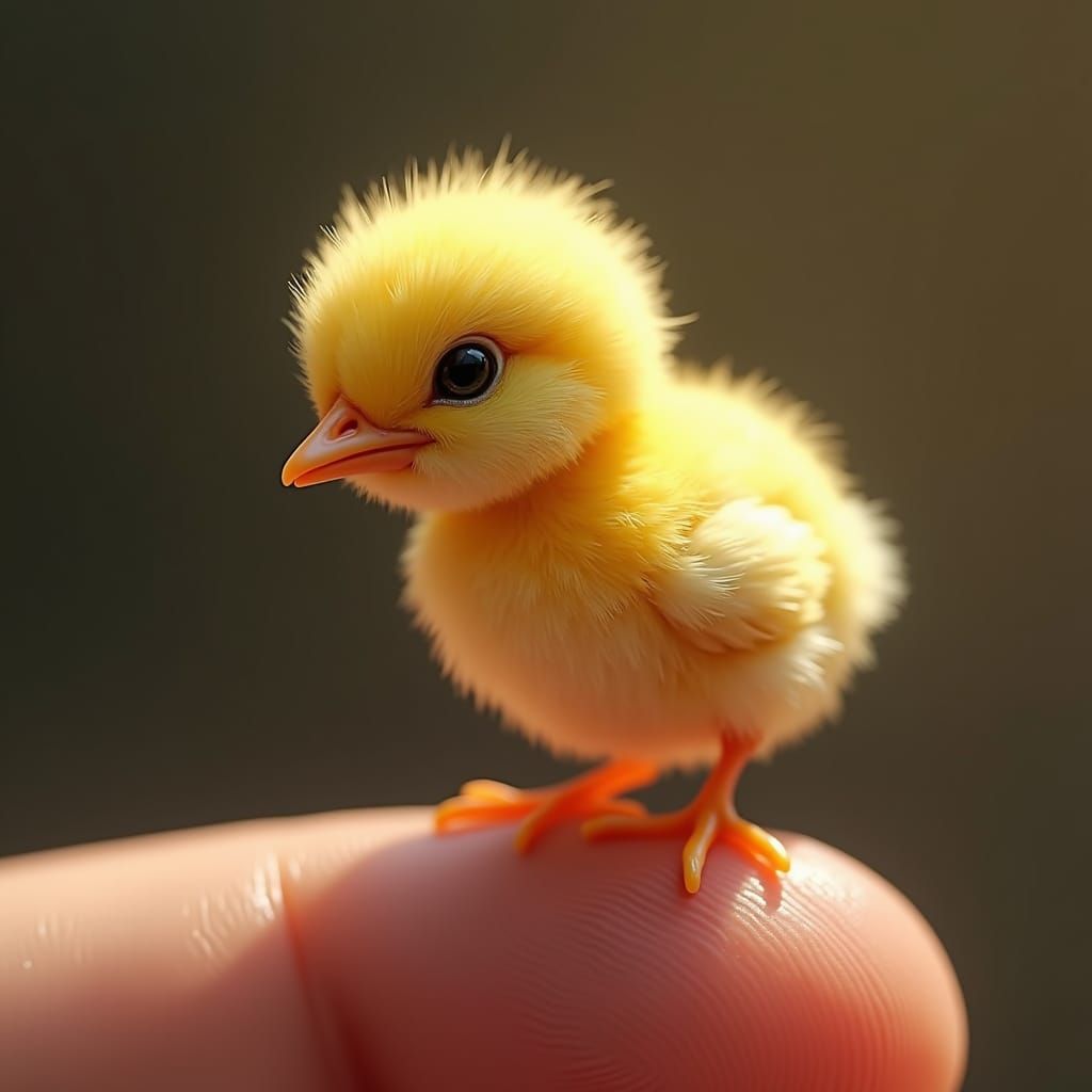 Thumb-Sized Chick Perched on Finger: Digital Art