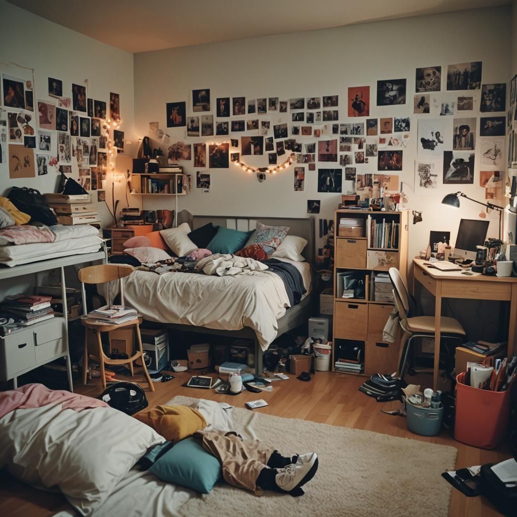 Messy but Stylish Girl's Dorm Room