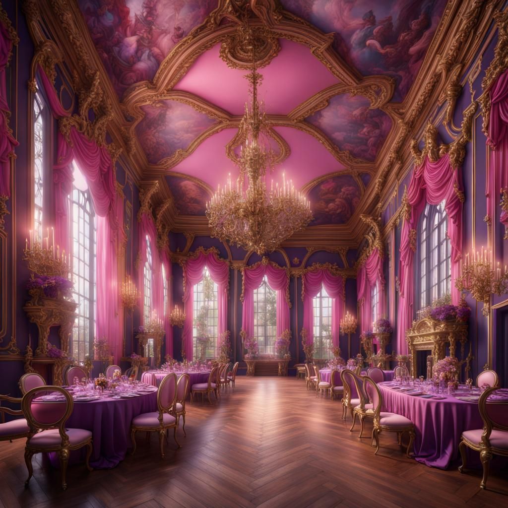 Extravagant Rococo Gothic Banquet Hall in Pink and Purple