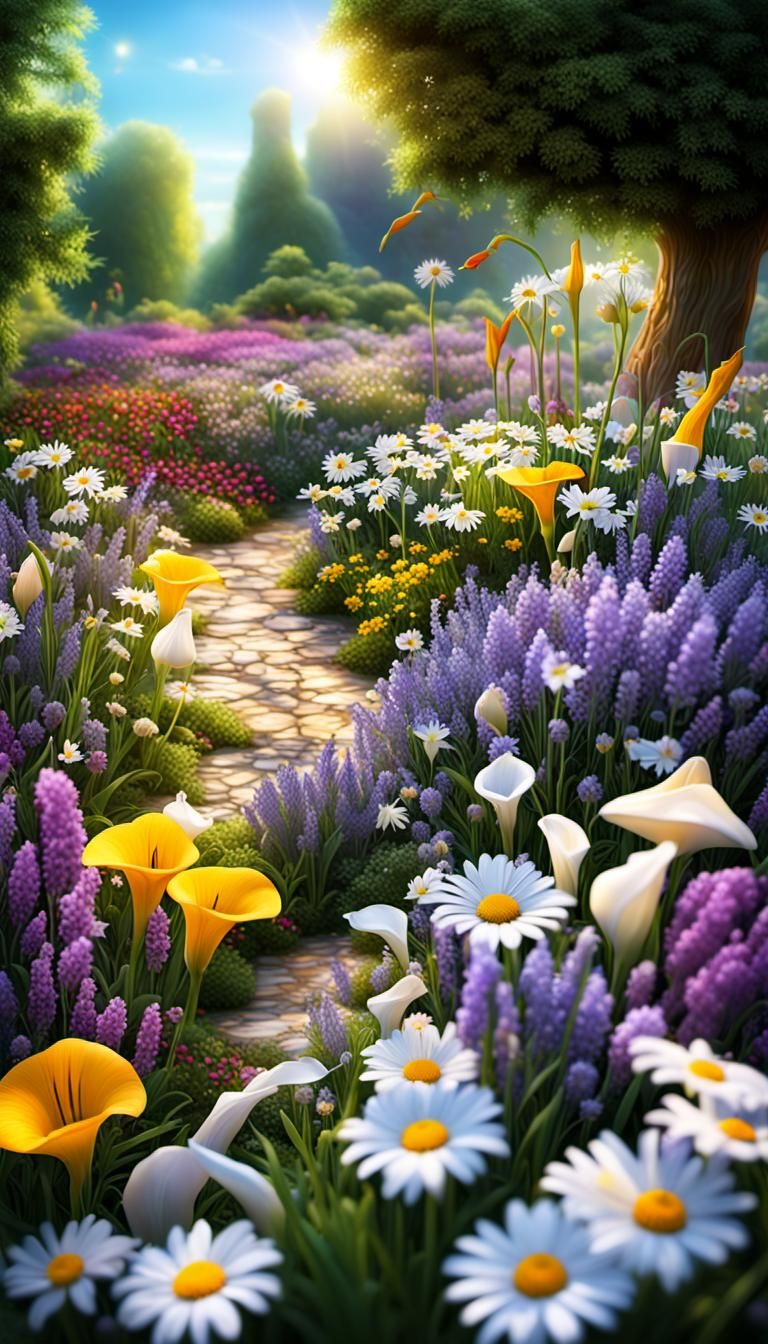 Blooming Garden with Silver Bells and Colorful Flowers