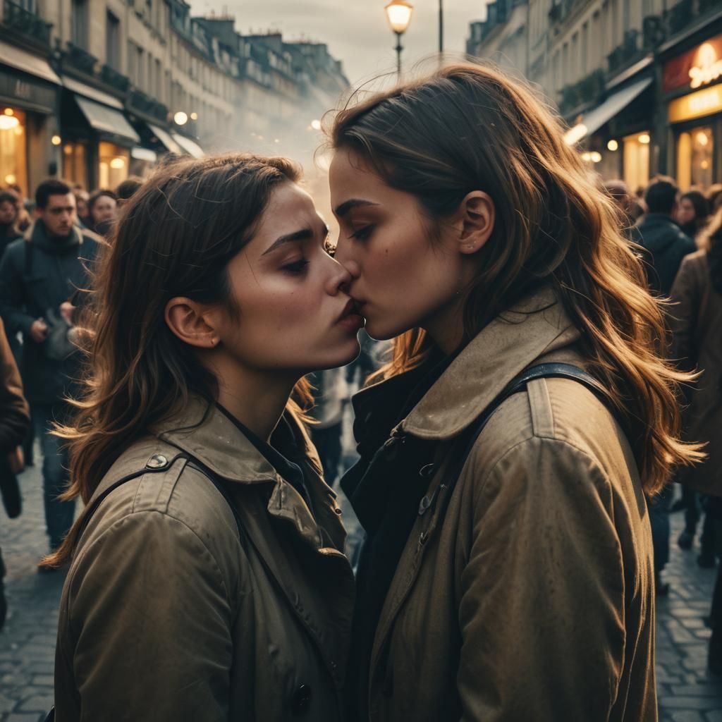 Two Women Share a Kiss in Crowded Paris Street