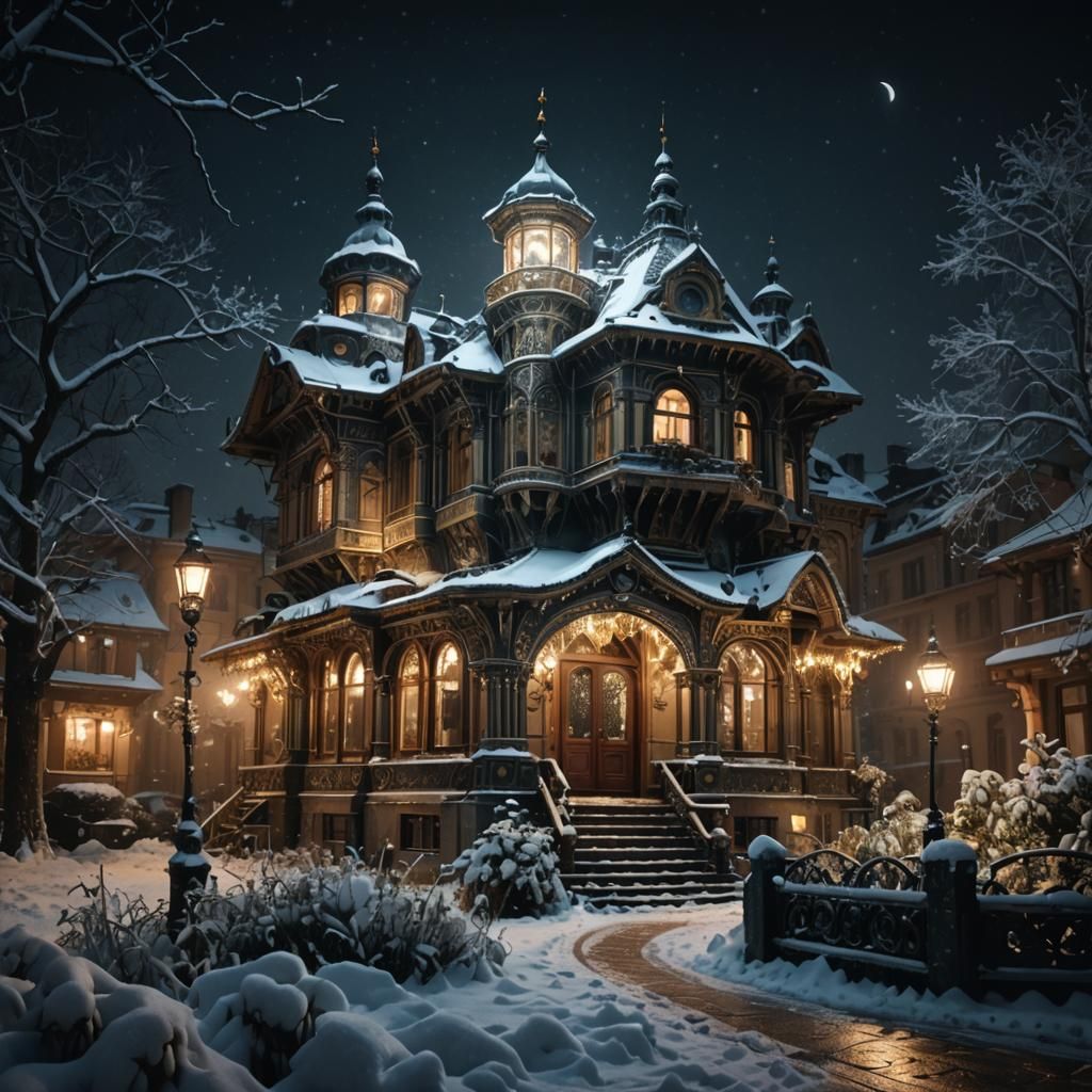 Mech Guarding Bulgarian Revival House on Winter Night