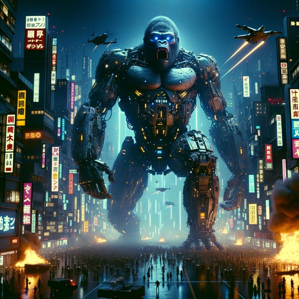 Cyberpunk Robot Gorilla Battles Futuristic City