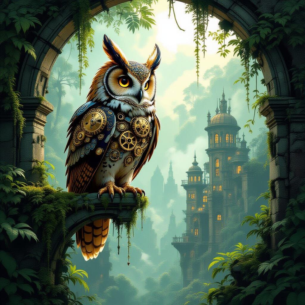 Steampunk Owl on Ruined Archway Overgrown City