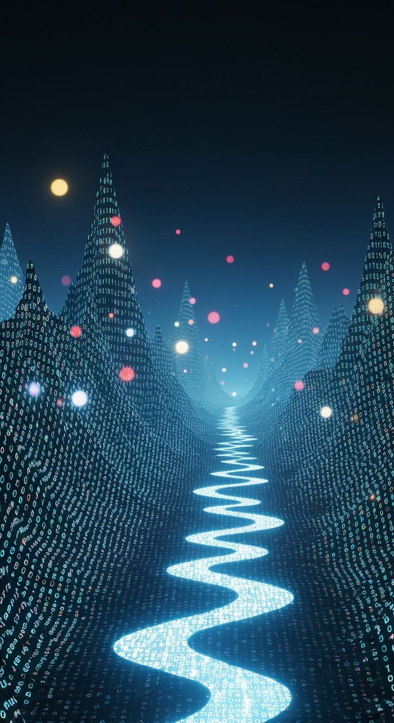 Surreal Binary Mountains & Glowing Text Rivers