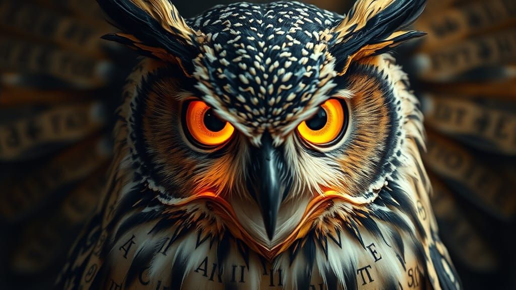 Runic Owl of Hidden Knowledge: Mythological Mixed Media Art