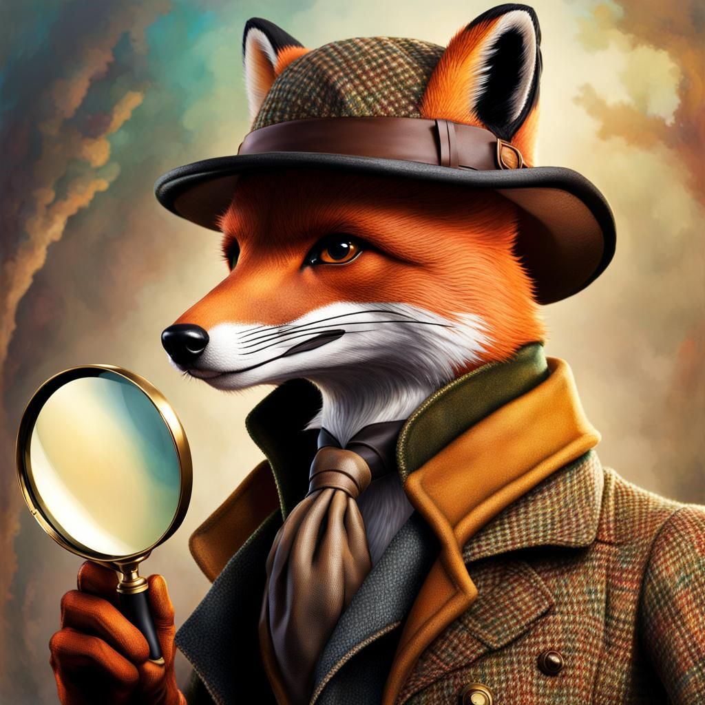 Sherlock Fox Examining a Clue, Hyperrealistic Art