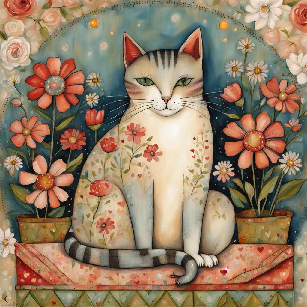 Cute Cat with Flowers in Mixed Media Art