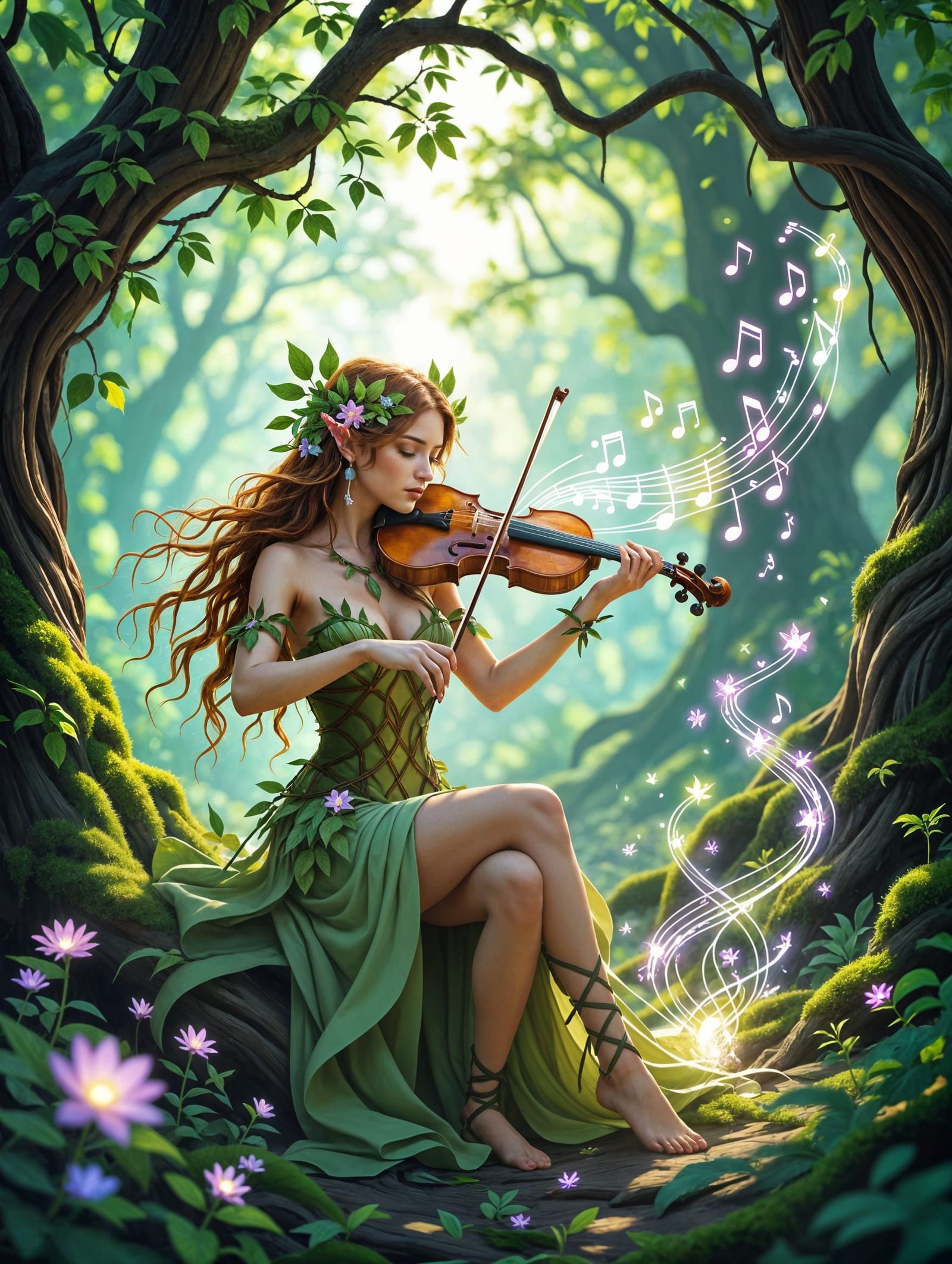 Enchanted Forest Nymph Plays Violin Amidst Blooming Flowers