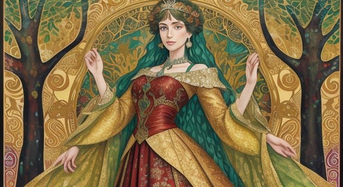 Art Nouveau Princess in Autumn Forest with Gold Accents