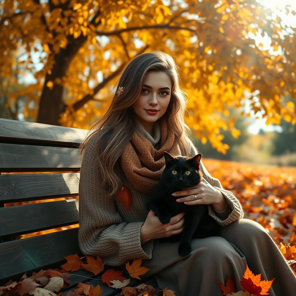 Woman with Black Cat in Autumn, Art Nouveau Style