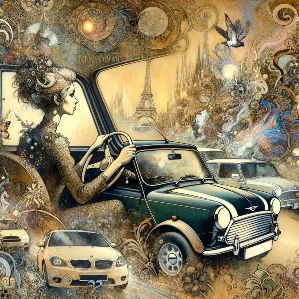 60s Woman Drives Mini Cooper Through Whimsical Rush Hour