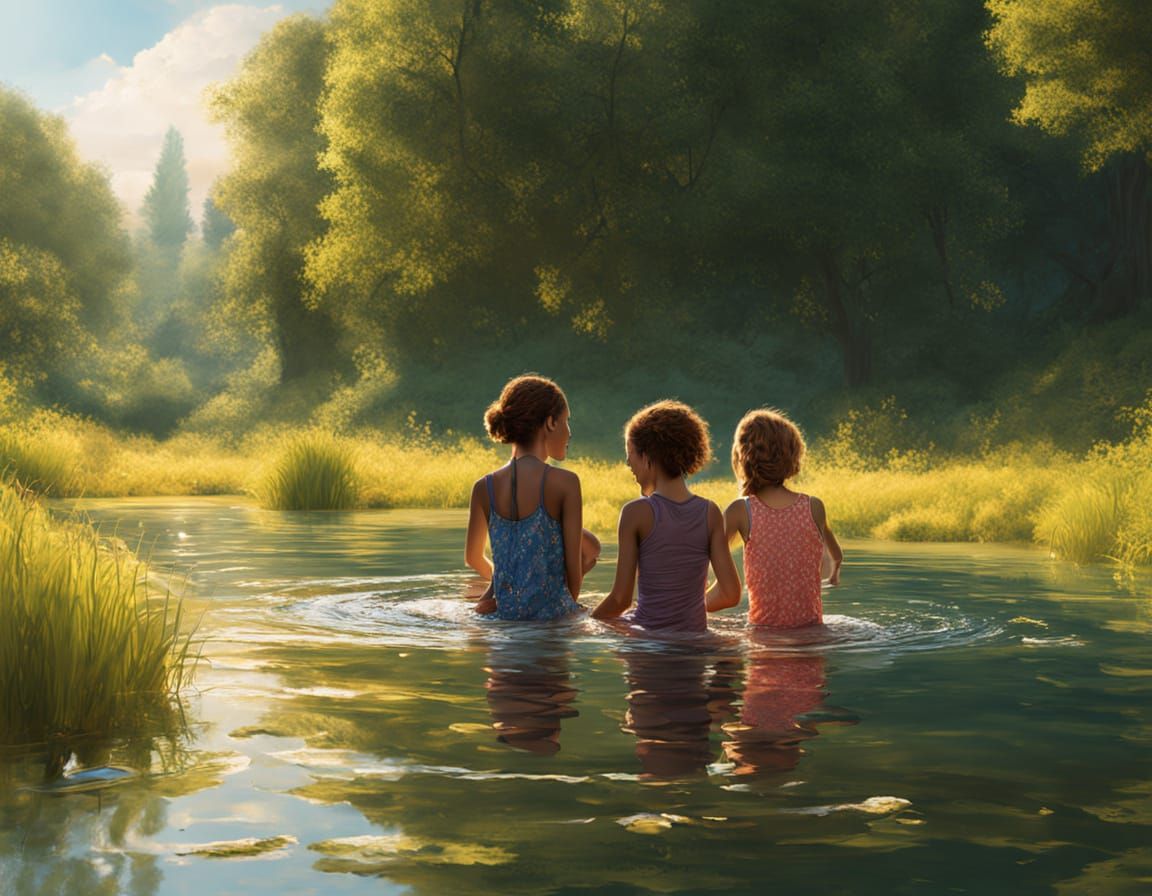 Three Girls Swim in Serene Countryside Impressionist Masterp...