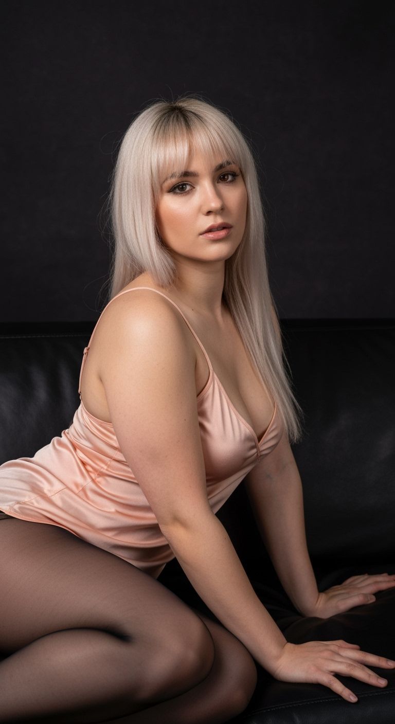 Curvy Blonde Woman Poses on Leather Couch in Boudoir Portrai...