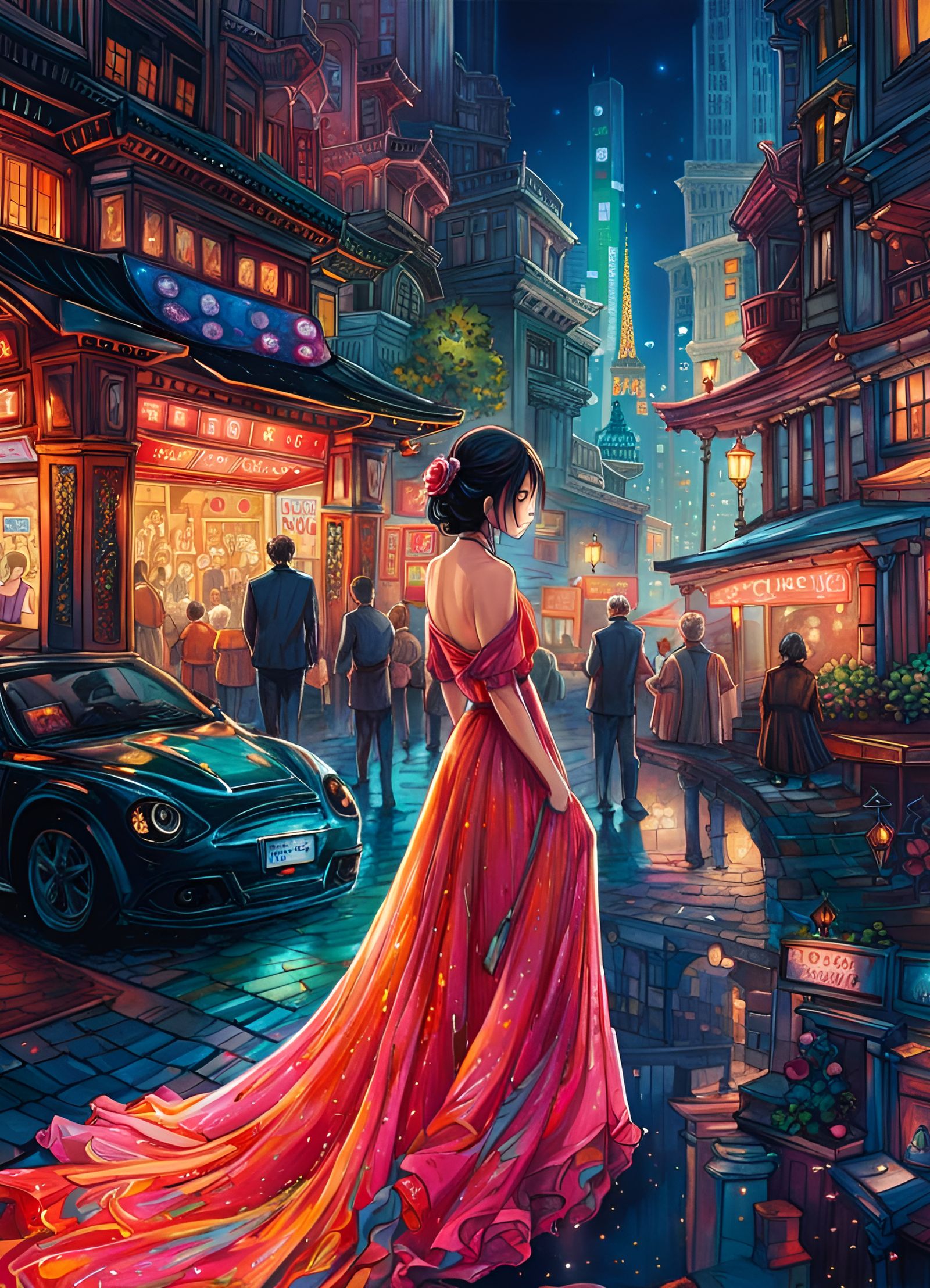 Girl in Long Dress with Cityscape View