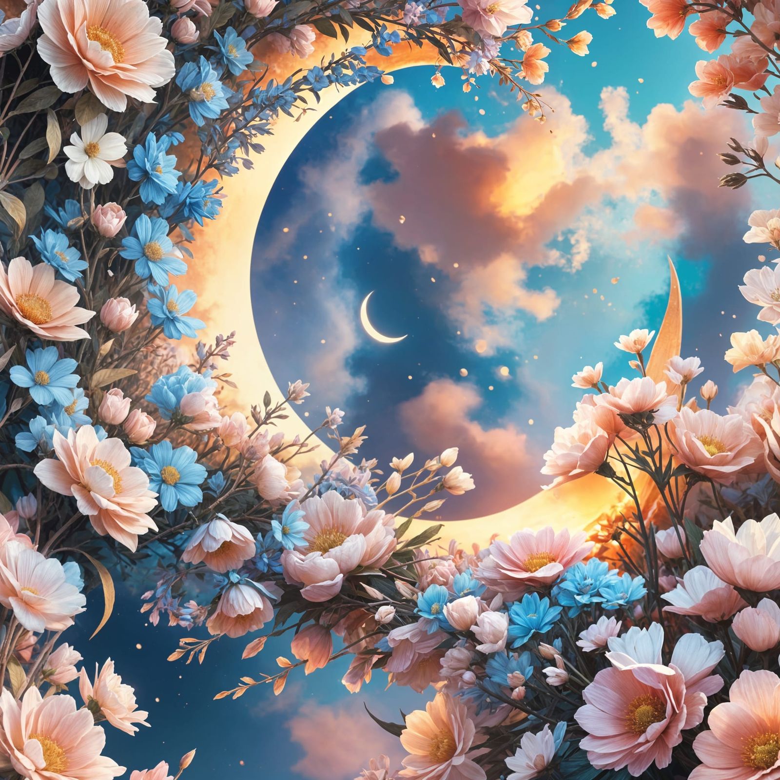 Floral Crescent Moon in Pastel Sunset Sky