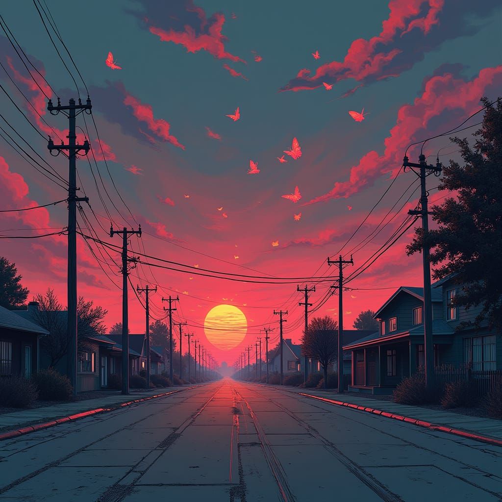 Eerie Suburbs with Red Butterflies in Comic Art Style