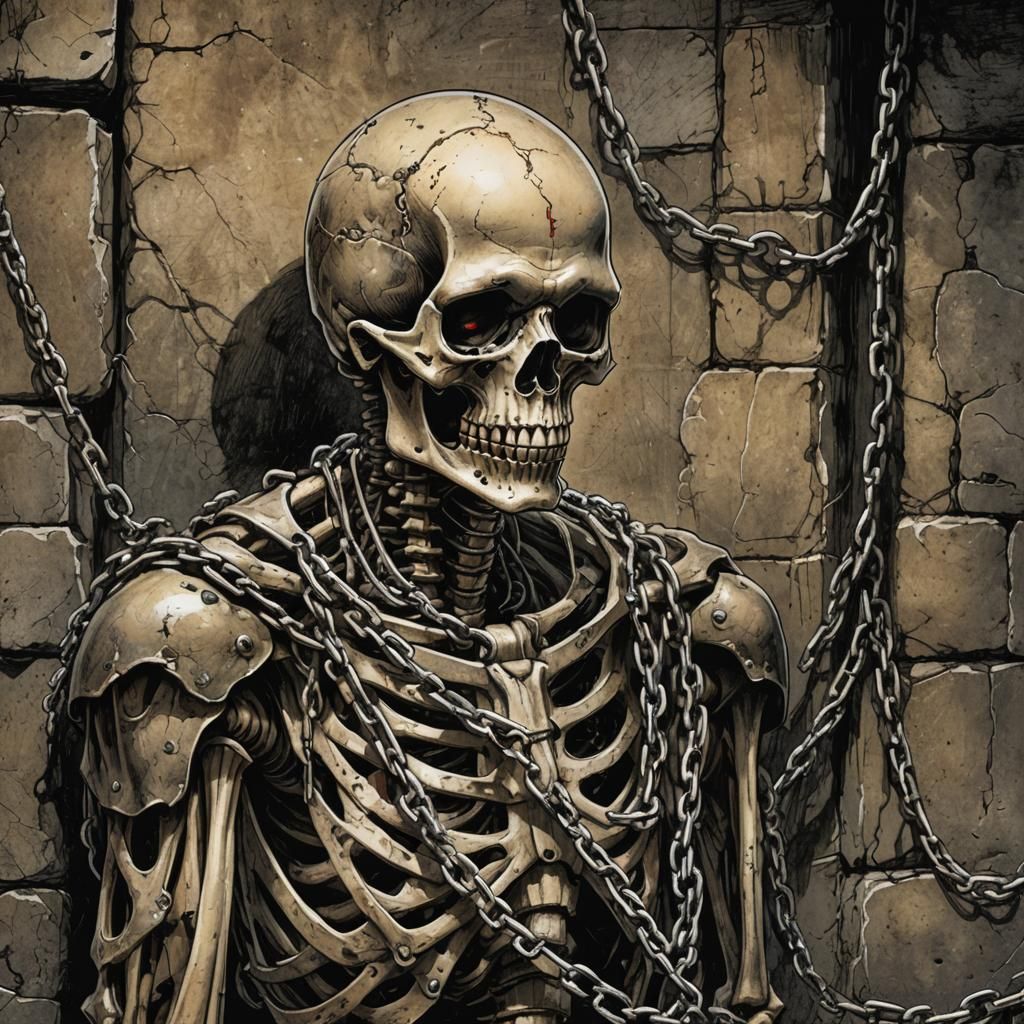 Ominous Skeleton Shackled in Gothic Comic Art