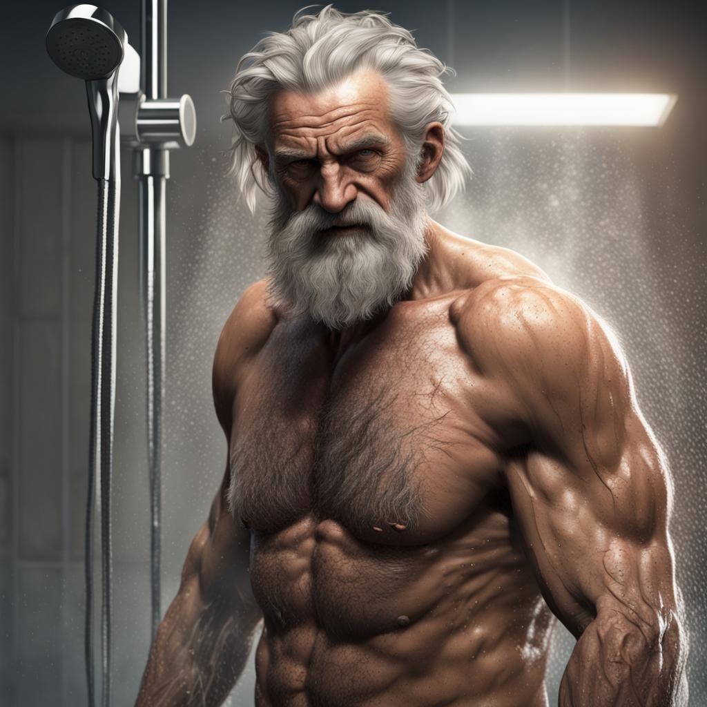 Detailed Painting: Rugged Old Man in Shower