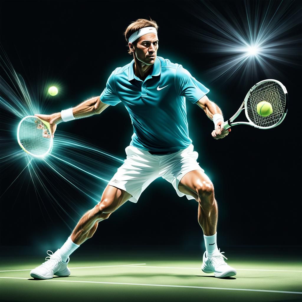 Luminescent Tennis Player Strikes Ball in Hyperrealistic Sty...