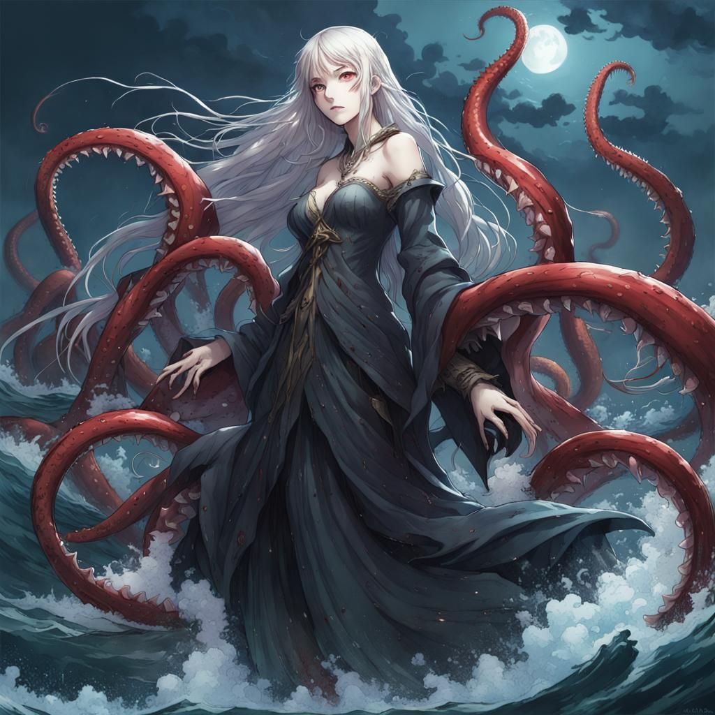 Eldritch Tentacles Capture Gothic Sorceress: Anime Art