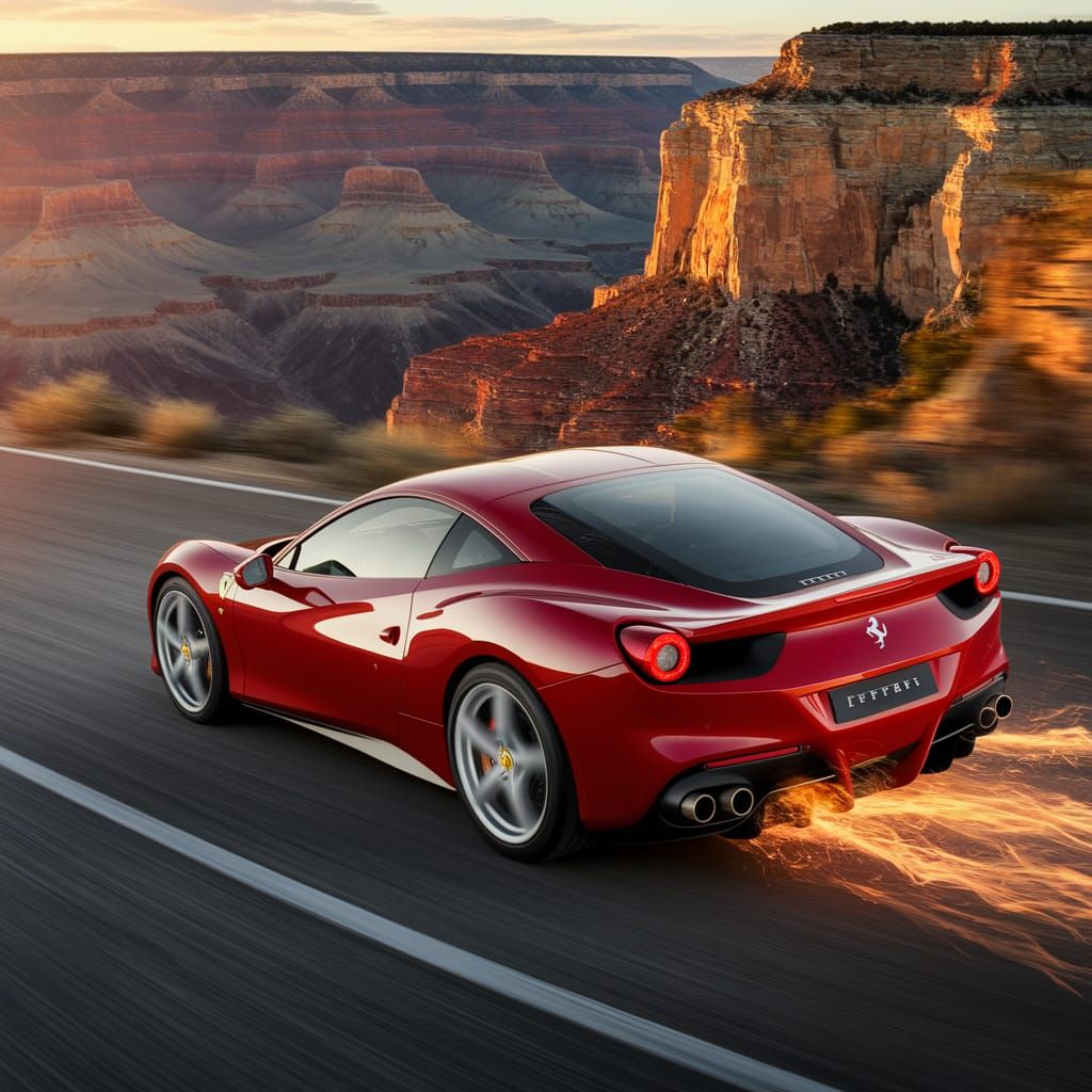 Ferrari on Grand Canyon Cliff's Edge in Epic Sunset