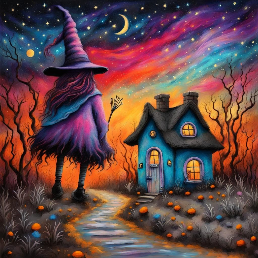 Felted Witch in Fiber Cottage, Graffiti Art Style