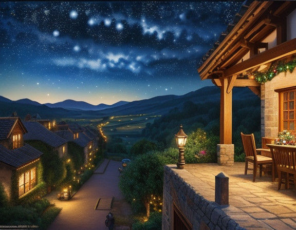 Whimsical Countryside Village Under a Dreamy Night Sky