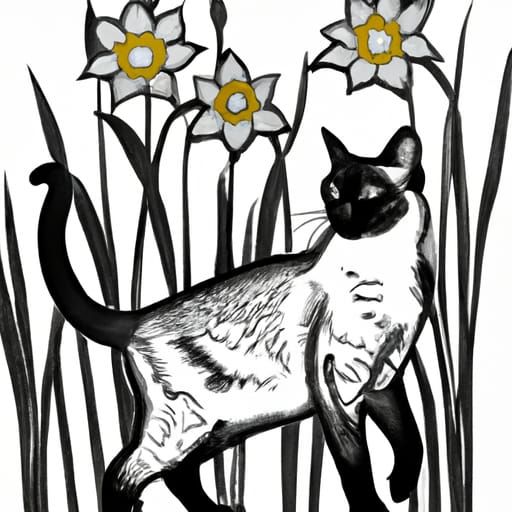 Siamese Cat Among Daffodils in Linocut Style