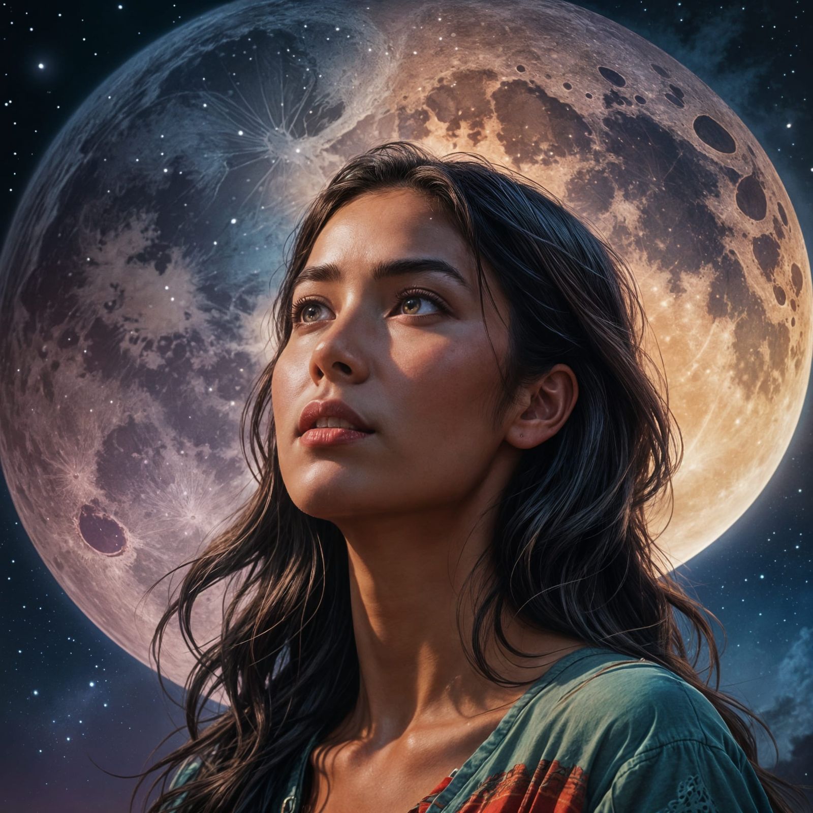 Woman Gazing at Full Moon in Hyperrealistic Style
