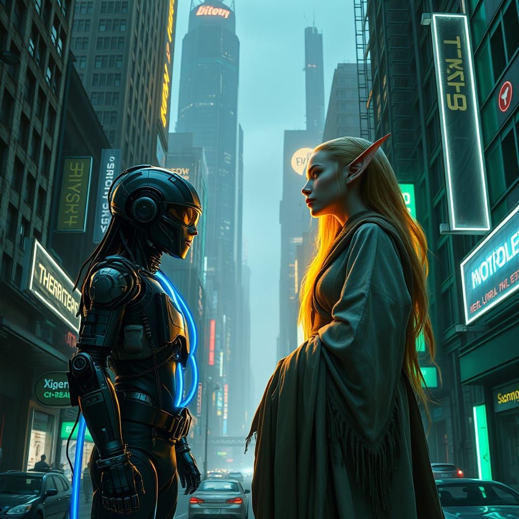 Cyberpunk Meets Fantasy in a Gritty Urban Landscape