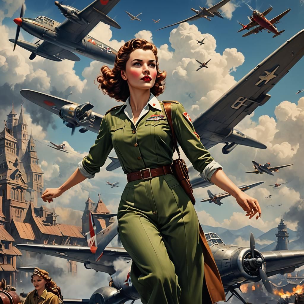 Beautiful Woman by Plane: 1940s Fantasy Art
