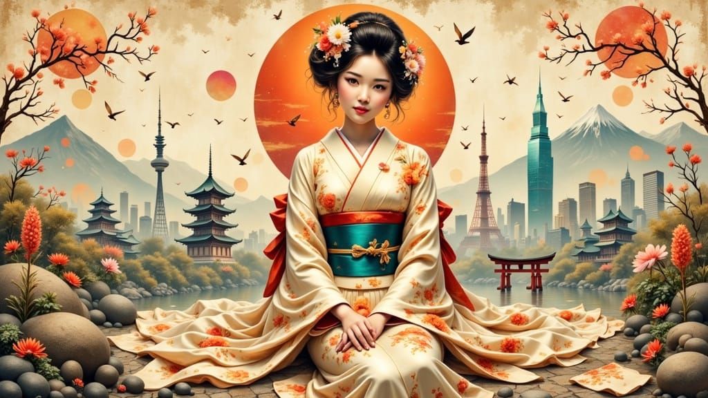 Japanese Woman in Traditional Kimono with Vibrant Floral Pat...