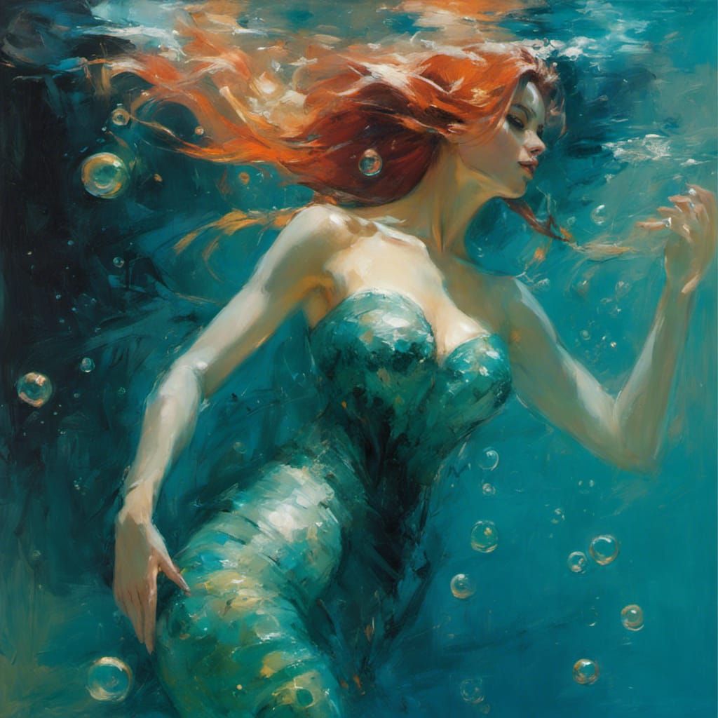Underwater Mermaid with Bubbles in Figurative Style