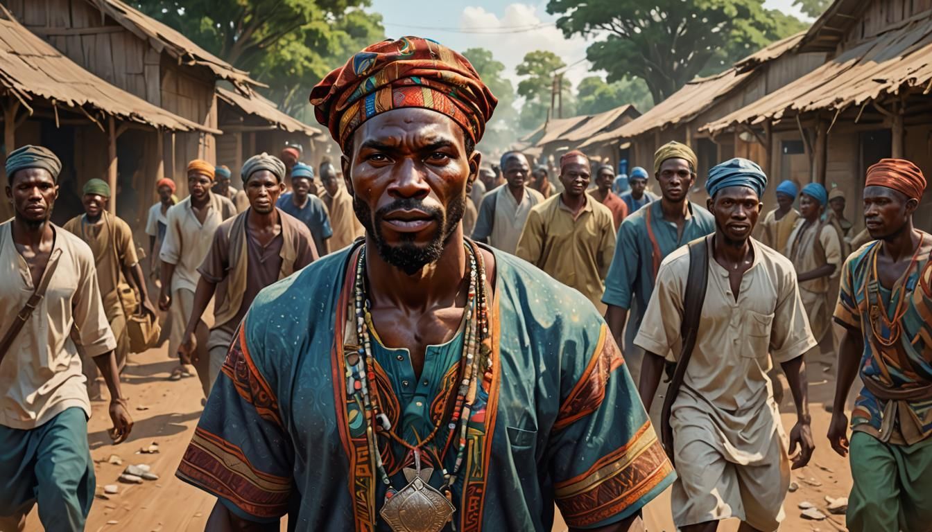 Nigerian Villagers Portrait in Vibrant Digital Art