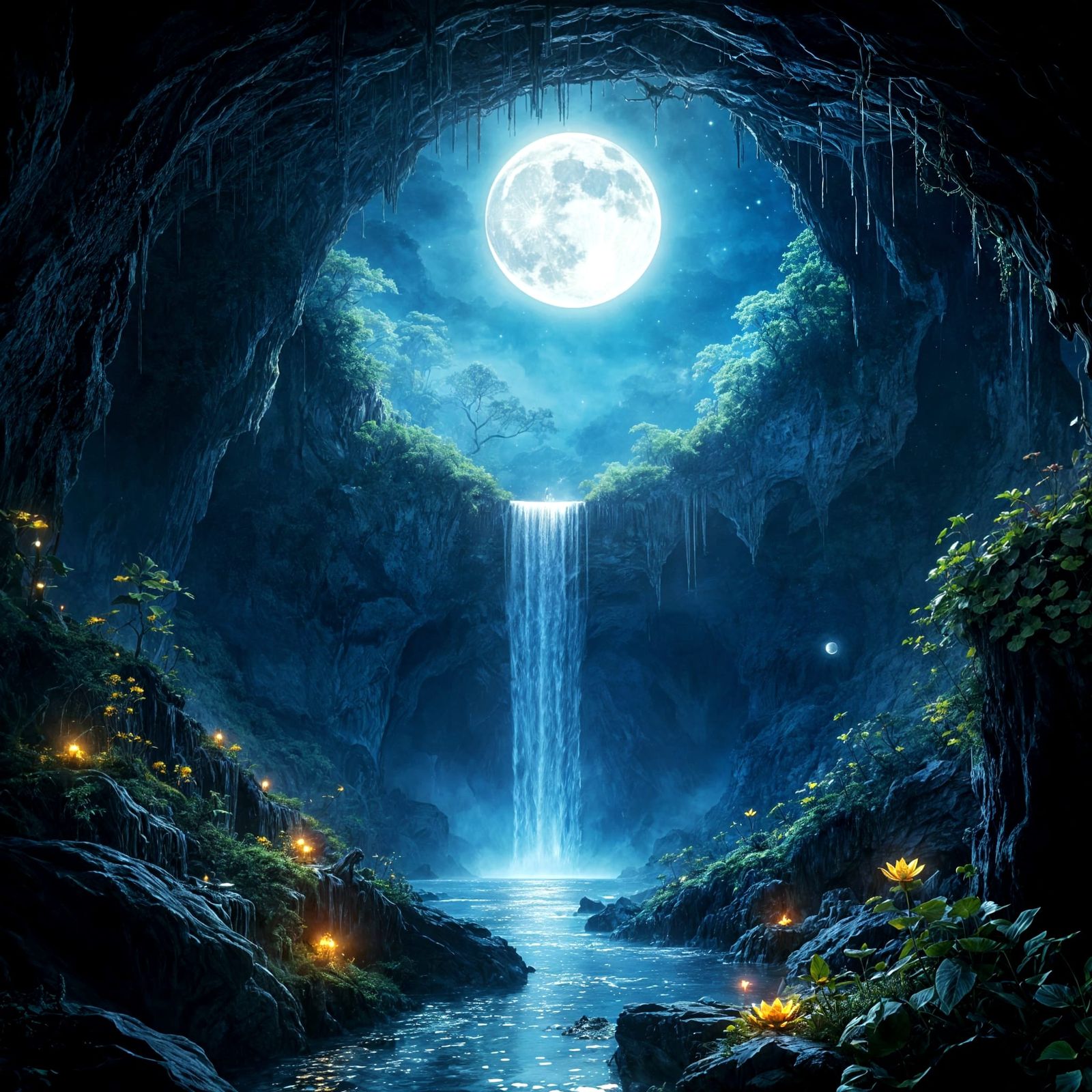 Enchanted Cave Waterfall at Night