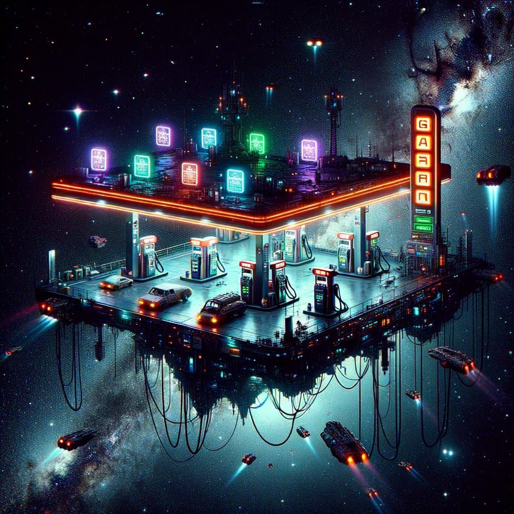 Cyberpunk Gas Station in Outer Space