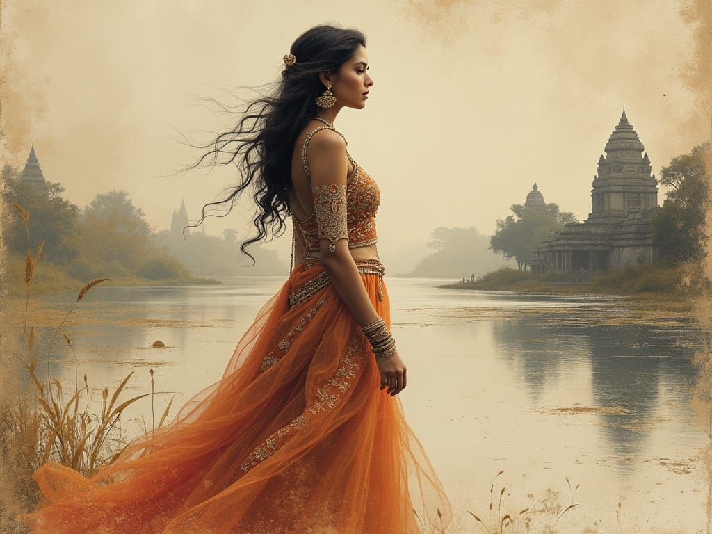 Elegant Indian Woman in Indian Ink Splatter Art