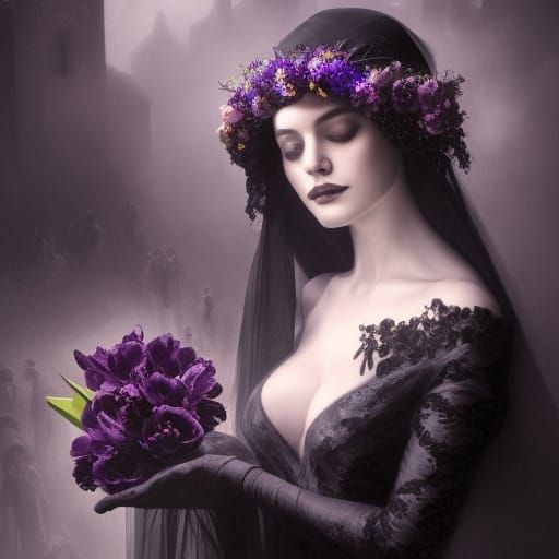 Mourning Widow with Tulips: Dark Fantasy Art