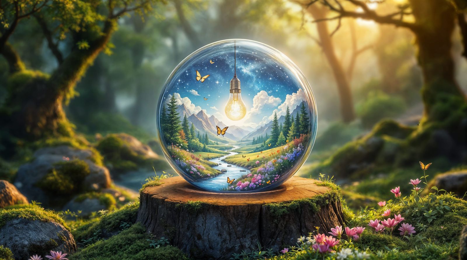 Surreal Glass Orb Reveals Enchanted Galaxy Forest