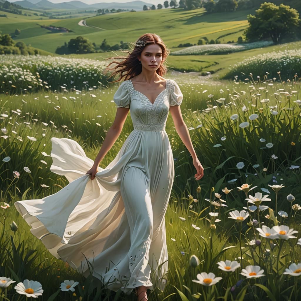 Romantic Woman in Field of Flowers: Fantasy Art