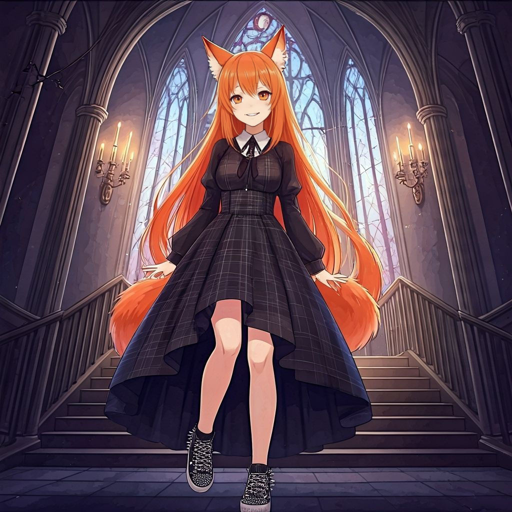 Gothic Kitsune Woman in Black Plaid Gown