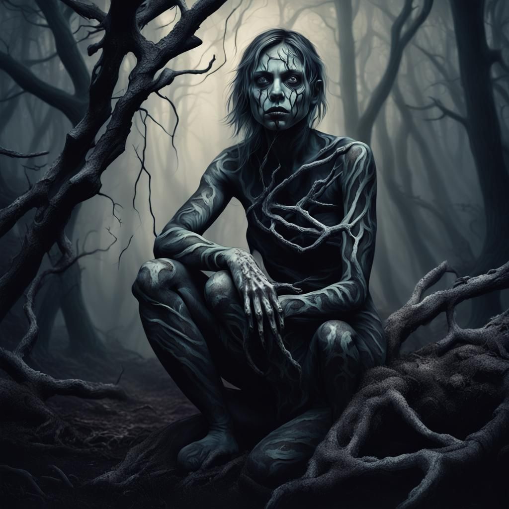 Eerie Forest Girl in Dark Fantasy Illustration